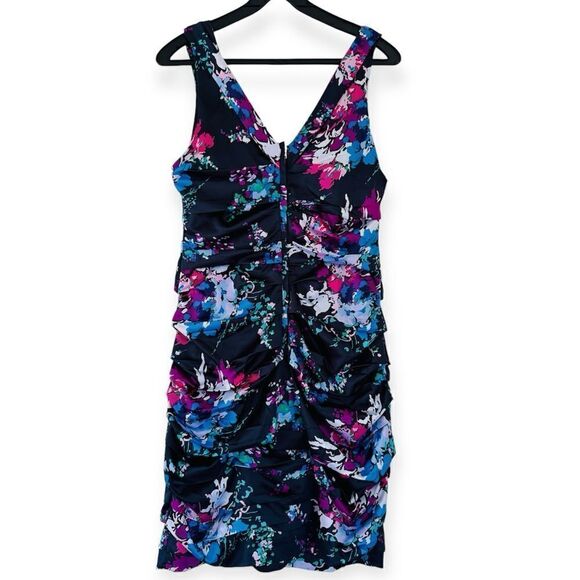 Express Navy Blue Floral Ruched V Neck Sleeveless Dress Size 12 - Picture 3 of 6